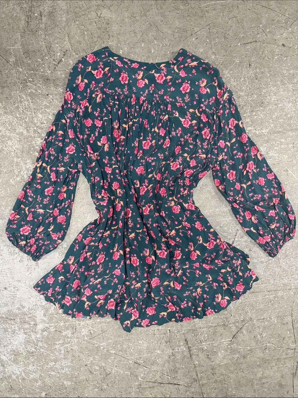 Free People Teal Floral Long Sleeve Mini Dress with Pink Flowers